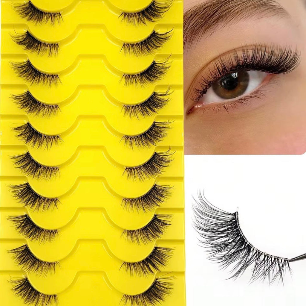 10 Pairs Faux False Eyelashes, Wispy Cat Eye Design